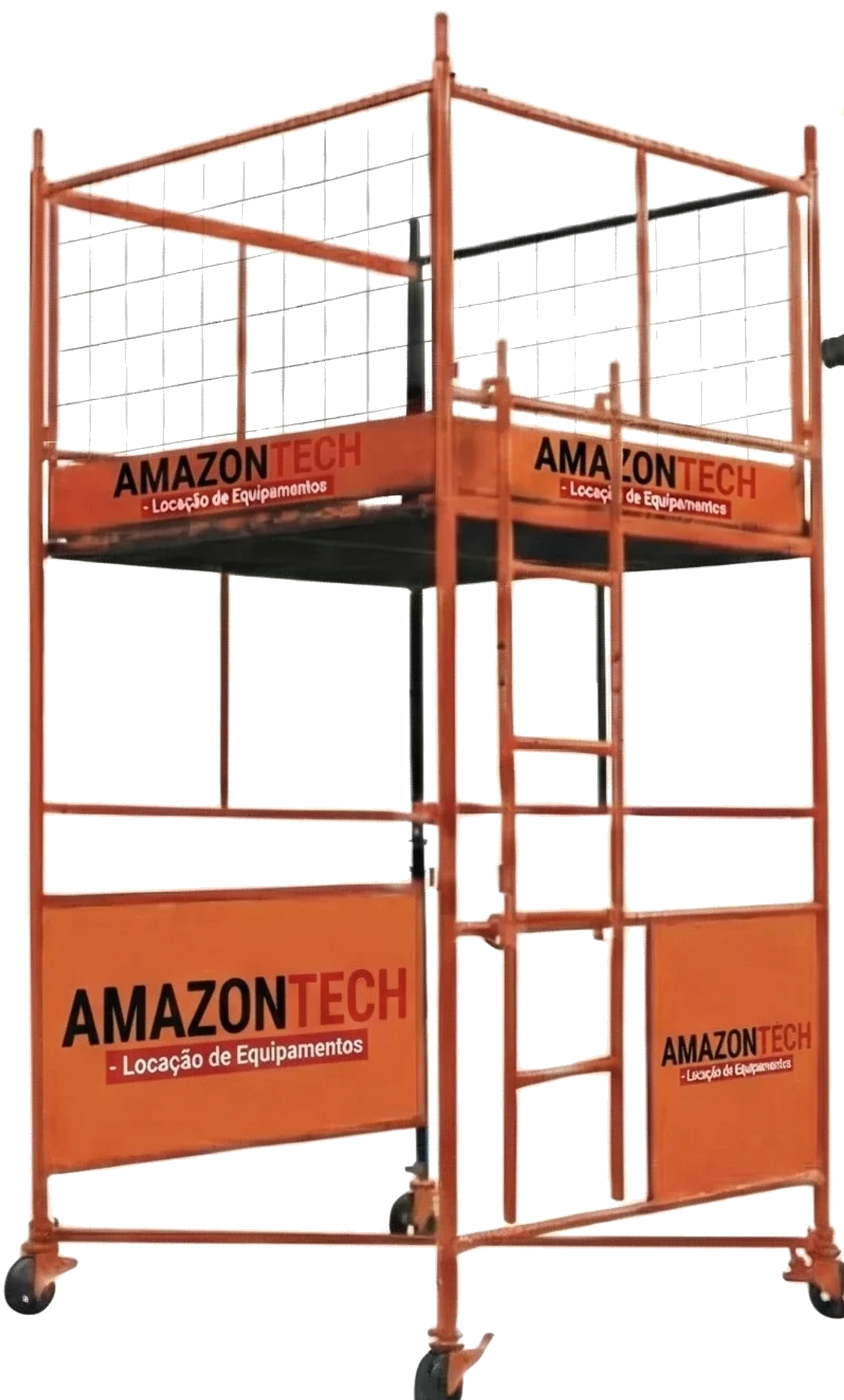 Andaime montado da Amazontech, locação em Manaus Torre de andaime da Amazontech montada, com plataforma, guarda-corpo e rodízios