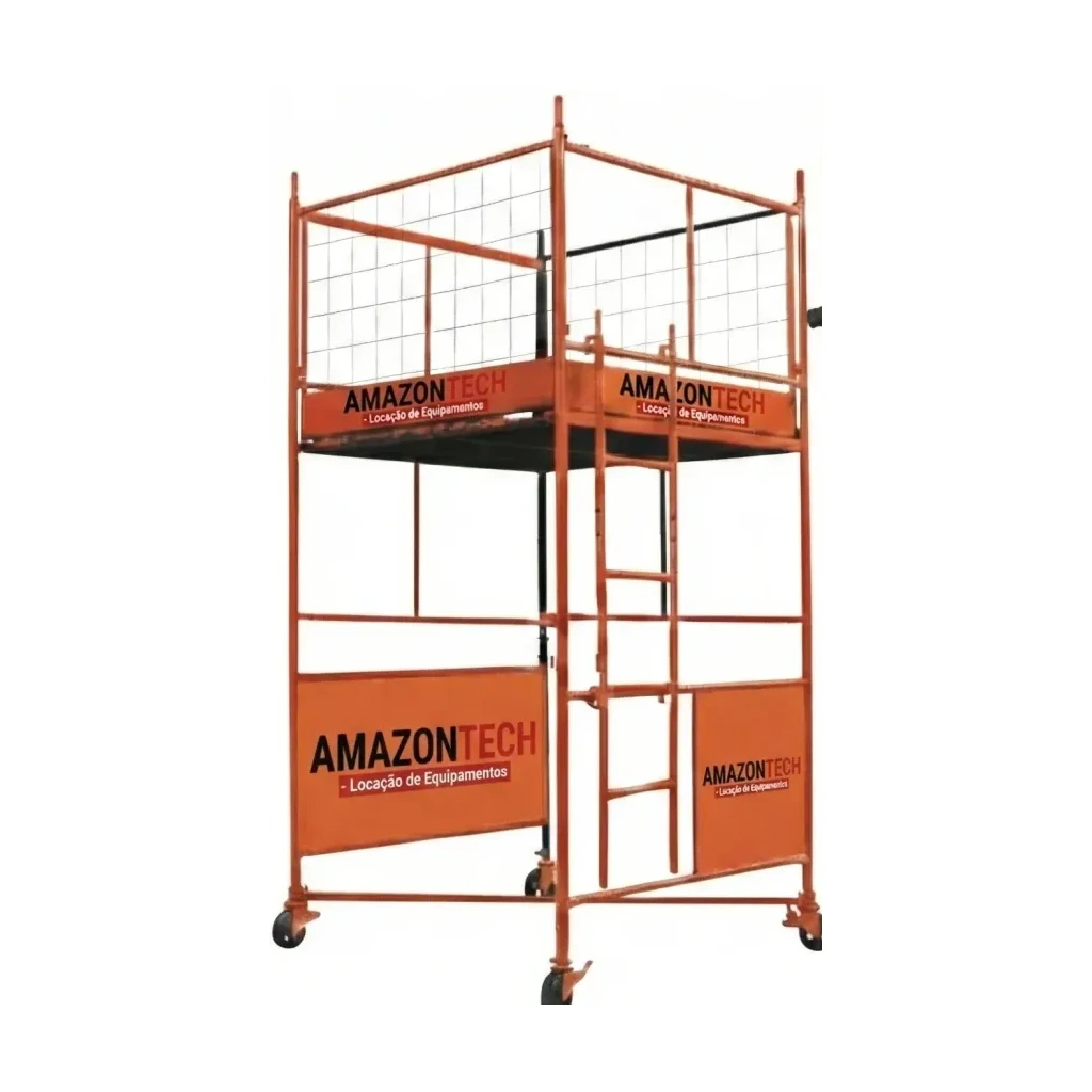Torre de andaime da Amazontech montada, com plataforma, guarda-corpo e rodízios Torre de andaime da Amazontech montada, com plataforma, guarda-corpo e rodízios
